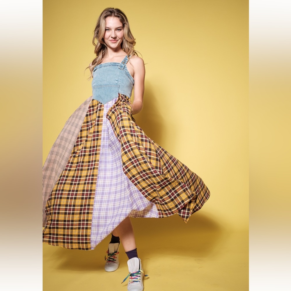 27 Boho Denim Multi Fabric Pleated Suspender Maxi Dress - Picture 4 of 7